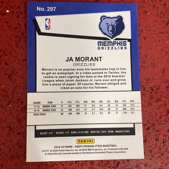 Ja morant nba hoops premium stock tribute rc 2019-2020 297 - Picture 2 of 2